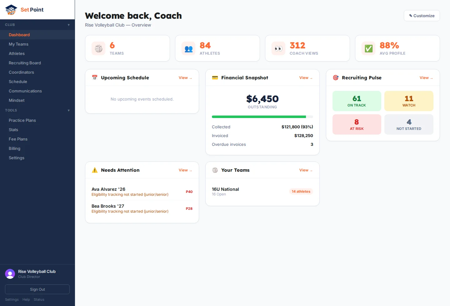 The Set Point club dashboard: teams, athletes, financials, and recruiting activity in one view